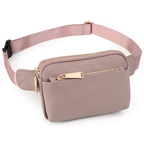 UTO Bauchtasche Hüfttasche für Herren und Damen PU Leder Mode Schlanke leichte Wasit Pack Tasche mit 3 Reißverschlusstaschen Altrosa von UTO