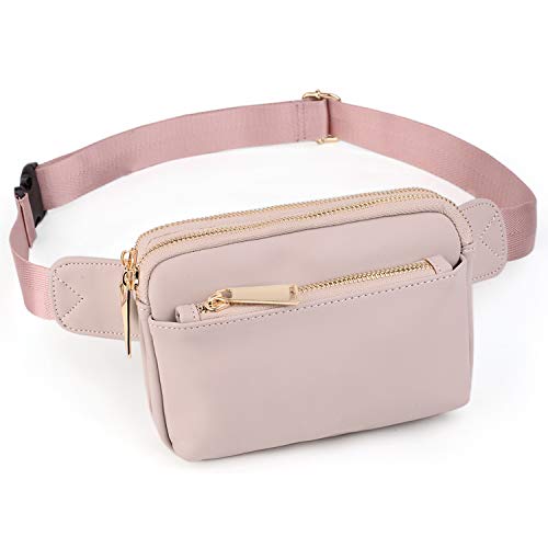 UTO Bauchtasche Hüfttasche für Herren und Damen PU Leder Mode Schlanke leichte Wasit Pack Tasche mit 3 Reißverschlusstaschen Hellrosa von UTO