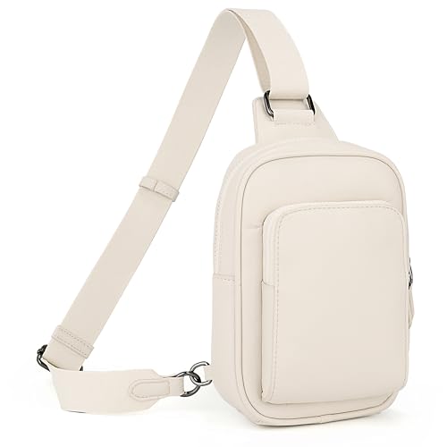 UTO Brusttasche Damen Groß Bauchtasche mit diebstahlsicher-Fach Kartenfächer Stylisch PU Leder Sling Bag Wasserdicht Reise Crossbody Bag Breiter Gurt Hüfttasche Ausflug Alltag Gürteltasche Weiß von UTO