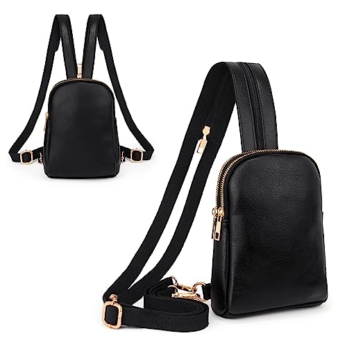 UTO Brusttasche Rucksack Damen 2 in 1 Klein Sling Bag Crossbody Bag Kunstleder Bauchtasche Stylisch Tagesrucksack Verstellbarer Schultergurt Umhängetasche Wasserdicht Daypack Schultertasche Schawarz von UTO