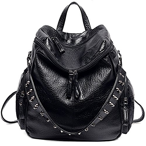 UTO Damen Backpack Purse 3 tragen PU gewascht Leder Niet besetzt Damen Rucksack Rücksack Schultertasche schwarz von UTO