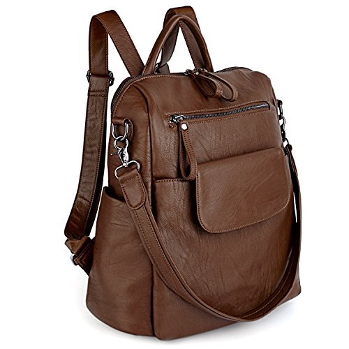 UTO Rucksack Damen Elegant mit Schultergurt Modischer Multifunktionsrucksack Schultertasche Herren PU Leder Backpack Kompartiment Reißverschluss Umhängetasche Schule Schulrucksack Handtasche Braun von UTO