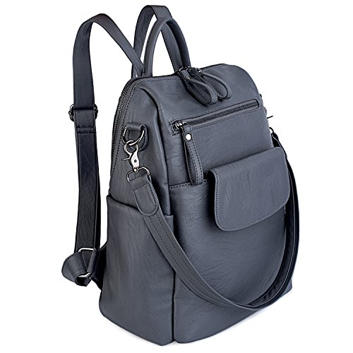 UTO Rucksack Damen Elegant mit Schultergurt Modischer Multifunktionsrucksack Schultertasche Herren PU Leder Backpack Kompartiment Reißverschluss Umhängetasche Schule Schulrucksack Handtasche Grau von UTO