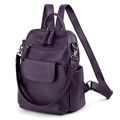 UTO Rucksack Damen Elegant mit Schultergurt Modischer Multifunktionsrucksack Schultertasche Herren PU Leder Backpack Kompartiment Reißverschluss Umhängetasche Schule Schulrucksack Handtasche Lila von UTO