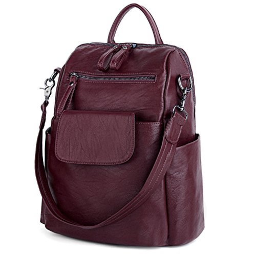 UTO Rucksack Damen Elegant mit Schultergurt Modischer Multifunktionsrucksack Schultertasche Herren PU Leder Backpack Kompartiment Reißverschluss Umhängetasche Schule Schulrucksack Handtasche Rot von UTO