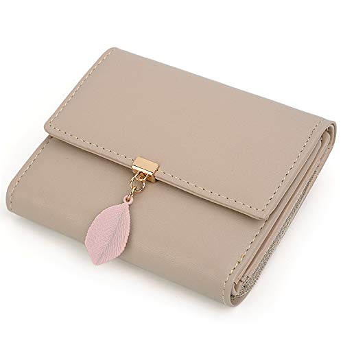 UTO Geldbörse Damen Klein mit Blatt Anhänger RFID Kleines Portemonnaie Kunstleder Druckknopf Bi-Fold Brieftasche Mini Geldbeutel Viele Fächern Feiner Portmonee Münzfach Weihnachten Neujahr Khaki von UTO