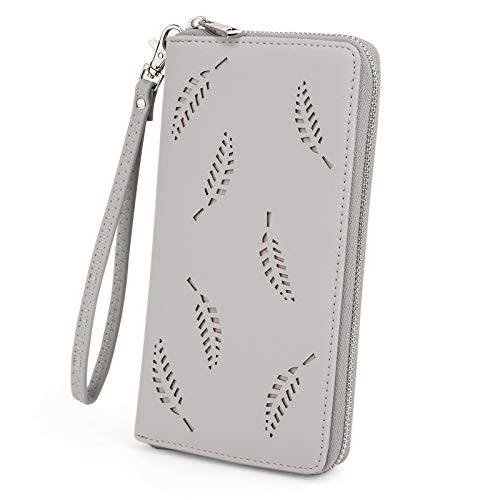 UTO Damen Geldbörse Große Leder Hohl Geschnitzte Blätter Kartenhalter Scheckheft Pass Organizer Damen Reise Clutch mit Wristlet Grey von UTO