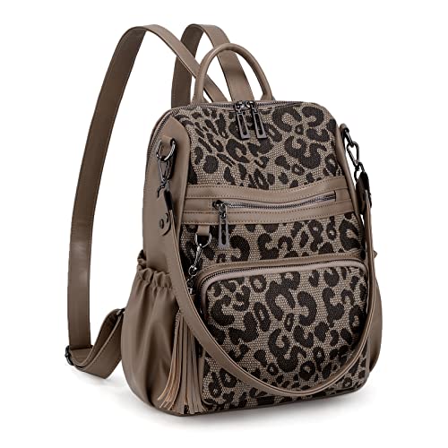 UTO Damen Rucksack PU Washed Leder kennzeichnende Umhängetasche Rucksack Schule Schulrucksack mit Quastendesign Lässige Schultertaschen vielen Kompartiment Reißverschluss Beutel Khaki Leoparden von UTO