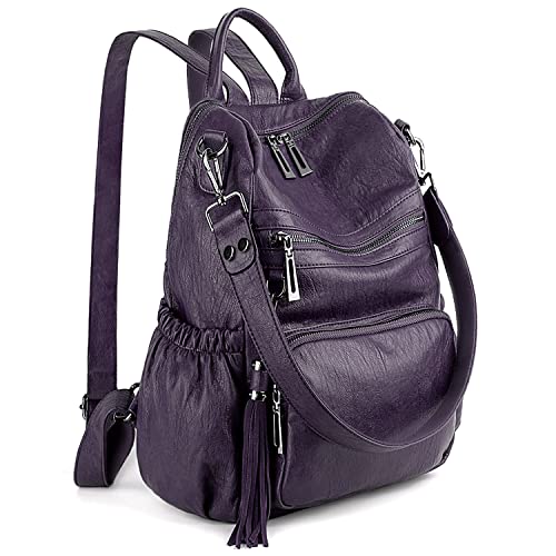 UTO Damen Rucksack PU Washed Leder Modischer Multifunktionsrucksack mit Quastendesign Lässige Schultertaschen vielen Kompartiment Reißverschluss Umhängetasche Schule Schulrucksack Dunkelviolett von UTO