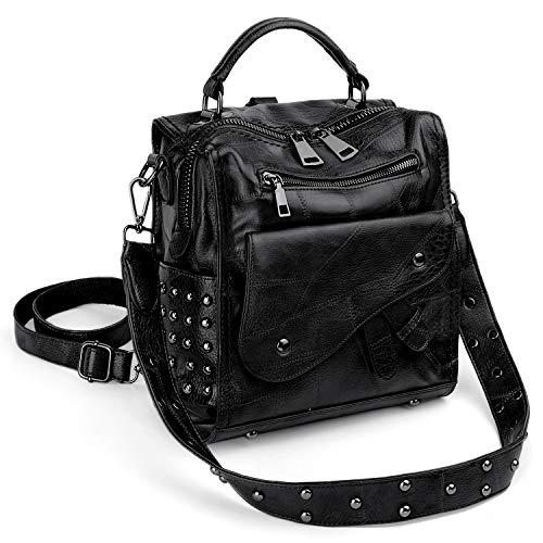 UTO Mini Rucksack Damen Mode Kunstleder Handtasche Retro-Stil Nieten konvertibeler Tagesrucksack Mädchen Umhängetasche Frauen Schwarz von UTO