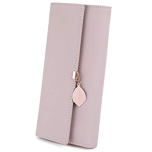 UTO Geldbörse Damen Gross mit Blatt Anhänger PU Leder Lange Reißverschluss Brieftasche Geldbeutel Kartenhalter Handytasche Mädchen Rosa von UTO