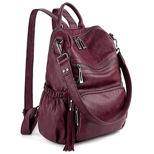 UTO Damen Rucksack PU Washed Leder Modischer Multifunktionsrucksack mit Quastendesign Lässige Schultertaschen vielen Kompartiment Reißverschluss Umhängetasche Schule Schulrucksack Burgunderrot von UTO