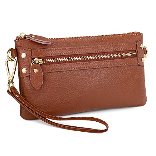 UTO Damen Portemonnaie Elegante Echtes Leder Mehrzwecktasche als Gürteltasche Brusttasche Umhängetasche Clutch Geldbörse mit Armband Für Reise Bummel Braun von UTO