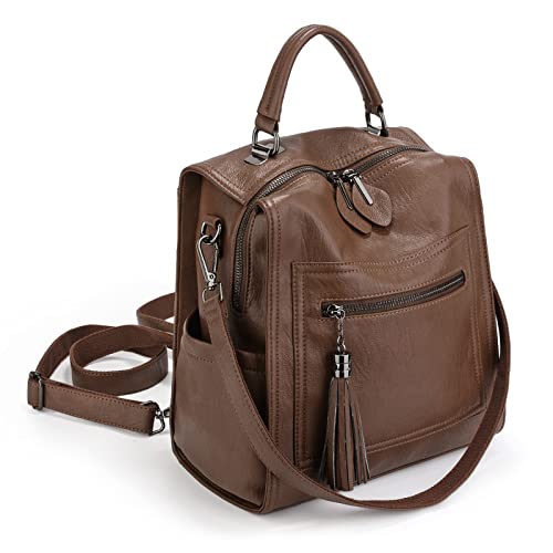 UTO Damen Rucksack Quadrat Kunstleder großer Reißverschluss Umhängetasche konvertibeler Tagesrucksack Handtasche für Schaufensterbummel Reise Schule Braun von UTO