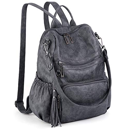 UTO Damen Rucksack PU Washed Leder Modischer Multifunktionsrucksack mit Quastendesign Lässige Schultertaschen vielen Kompartiment Reißverschluss Umhängetasche Rucksack Schule Schulrucksack Grau von UTO