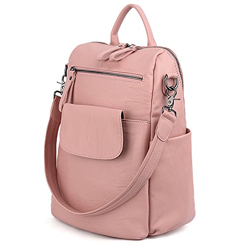 UTO Rucksack Damen Elegant mit Schultergurt Modischer Multifunktionsrucksack Schultertasche Herren PU Leder Backpack Kompartiment Reißverschluss Umhängetasche Schule Schulrucksack Handtasche Pink von UTO