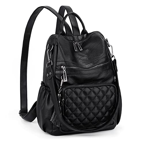 UTO Damen Rucksack Kunstleder Mode gesteppter Multifunktionsrucksack mit Quastendesign Lässige Schultertaschen vielen Kompartiment Reißverschluss Umhängetasche Rucksack Schule Schulrucksack Schwarz von UTO