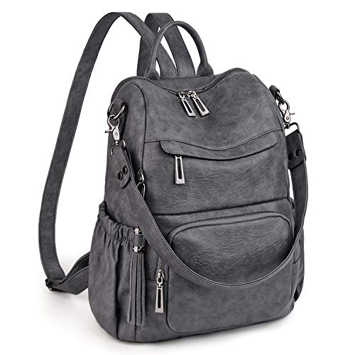UTO Damen Rucksack Leder PU Cabrio Schulrucksack Rucksackhandtaschen Multifunktionsrucksack mit Quasten Lässige Schultertaschen Für Arbeit Schule Große Kapazität Reißverschluss Umhängetasche Staubgrau von UTO