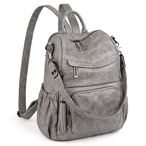 UTO Damen Rucksack Leder PU Cabrio Schulrucksack Rucksackhandtaschen Multifunktionsrucksack mit Quasten Lässige Schultertaschen Für Arbeit Schule Große Kapazität Reißverschluss Umhängetasche Hellgrau von UTO