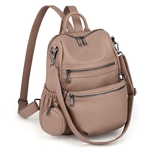 UTO Damen Rucksack Leder PU mit abnehmbarer Bauchtasche Umhängetasche Schule Schulrucksack Rucksackhandtaschen Multifunktionsrucksack Große Kapazität Schultertaschen Reißverschluss Aprikose von UTO