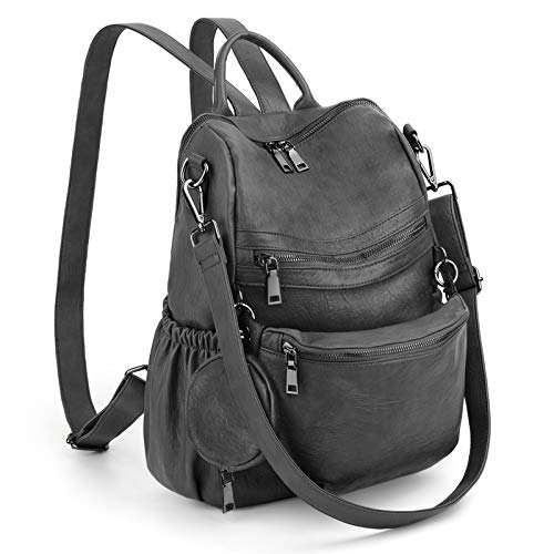 UTO Damen Rucksack Leder PU mit Abnehmbarer Bauchtasche Umhängetasche Schule Schulrucksack Rucksackhandtaschen Multifunktionsrucksack Große Kapazität Schultertaschen Reißverschluss Grau von UTO