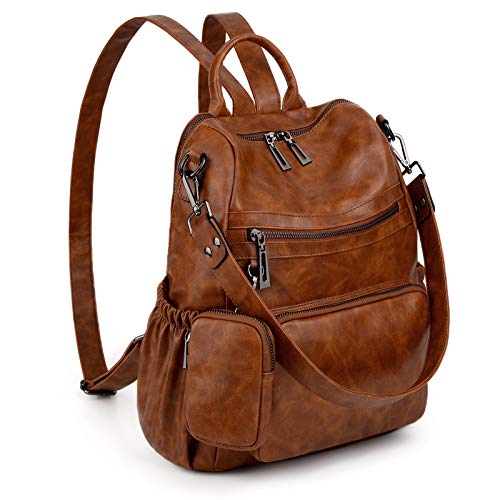 UTO Damen Rucksack Leder Vegan Rucksackhandtaschen Schule Schulrucksack Multifunktionsrucksack mit abnehmbarem Beutels Große Kapazität Schultertaschen Reißverschluss Umhängetasche Neubraun von UTO