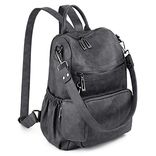 UTO Damen Rucksack Leder Vegan Rucksackhandtaschen Schule Schulrucksack Multifunktionsrucksack mit abnehmbarem Beutels Große Kapazität Schultertaschen Reißverschluss Umhängetasche Dunkelgrau von UTO