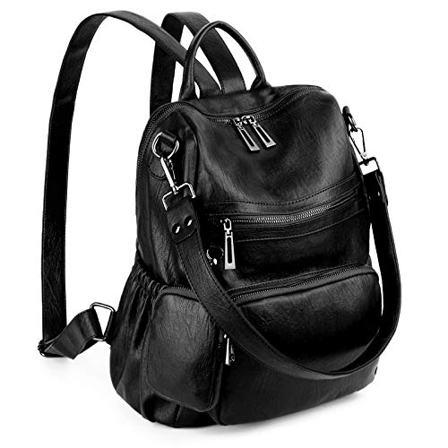 UTO Damen Rucksack Leder Vegan Rucksackhandtaschen Schule Schulrucksack Multifunktionsrucksack mit abnehmbarem Beutels Große Kapazität Schultertaschen Reißverschluss Umhängetasche Schwarz von UTO