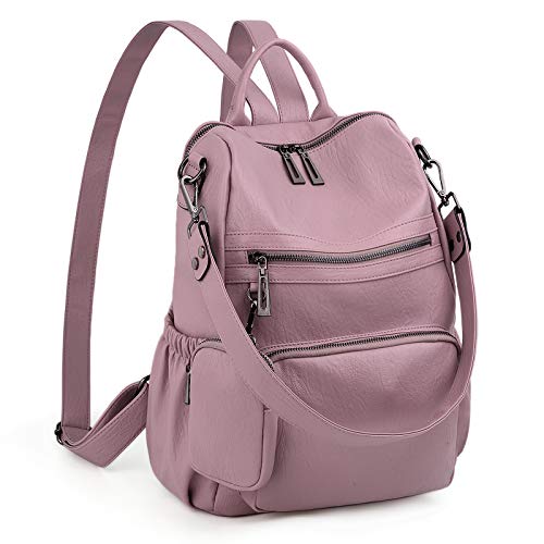 UTO Damen Rucksack Leder Vegan Rucksackhandtaschen Schule Schulrucksack Multifunktionsrucksack mit abnehmbarem Beutels Große Kapazität Schultertaschen Reißverschluss Umhängetasche Taupe Rosa von UTO