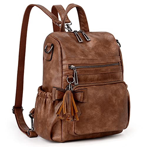 UTO Damen Rucksack Leder Vegan Tagesrucksack Modischer Multifunktion Rucksackhandtaschen mit Schleife Quaste Lässige Vielen Kompartiment Reißverschluss Daypack Für Freizeit Schule Reise Braun von UTO