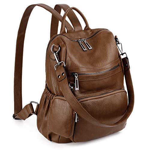 UTO Damen Rucksack Leder Vegan Rucksackhandtaschen Schule Schulrucksack Multifunktionsrucksack mit abnehmbarem Beutels Große Kapazität Schultertaschen Reißverschluss Umhängetasche Hellbraun von UTO