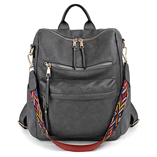 UTO Damen Rucksack PU Leder Modischer Multifunktionsrucksack mit farbigem Schultergurts Große Kapazität Schultertaschen Reißverschluss Rucksackhandtaschen für Reise Schule Arbeit Grau von UTO