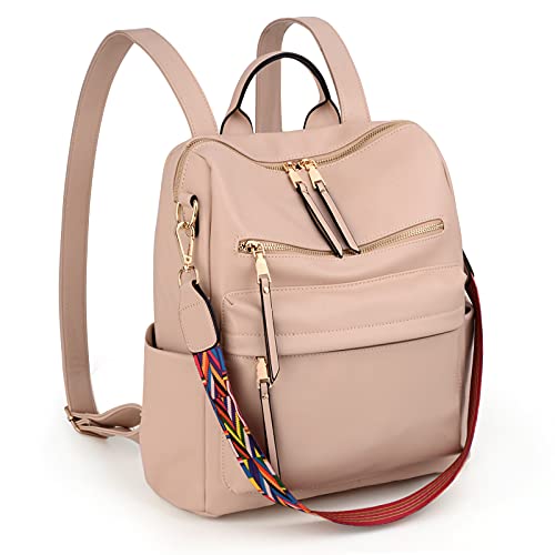 UTO Damen Rucksack PU Leder Modischer Multifunktionsrucksack mit farbigem Schultergurts Große Kapazität Schultertaschen Reißverschluss Rucksackhandtaschen für Reise Schule Arbeit Aprikose von UTO