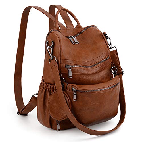 UTO Damen Rucksack Leder PU mit abnehmbarer Bauchtasche Umhängetasche Schule Schulrucksack Rucksackhandtaschen Multifunktionsrucksack Große Kapazität Schultertaschen Reißverschluss Braun von UTO