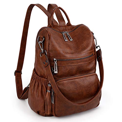 UTO Damen Rucksack PU Washed Leder Modischer Multifunktionsrucksack mit Quastendesign Lässige Schultertaschen vielen Kompartiment Reißverschluss Umhängetasche Schule Schulrucksack Neubraun von UTO