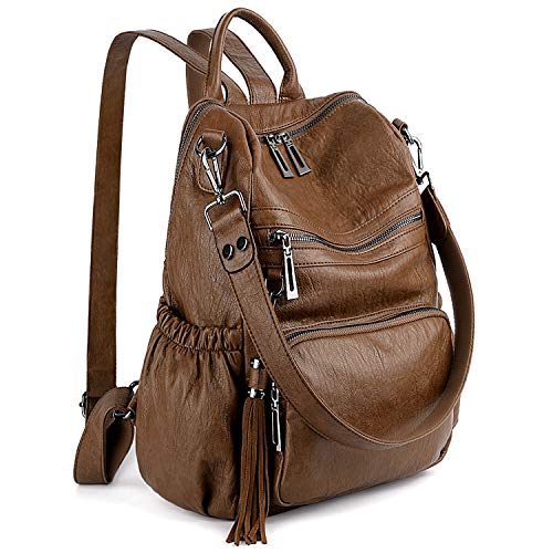 UTO Damen Rucksack PU Washed Leder Modischer Multifunktionsrucksack mit Quastendesign Lässige Schultertaschen vielen Kompartiment Reißverschluss Umhängetasche Schule Schulrucksack Altbraun von UTO