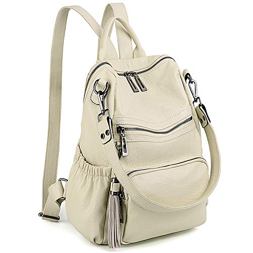 UTO Damen Rucksack PU Washed Leder Modischer Multifunktionsrucksack mit Quastendesign Lässige Schultertaschen vielen Kompartiment Reißverschluss Umhängetasche Rucksack Schule Schulrucksack Weiß von UTO