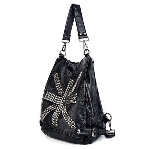 UTO Damen Rucksack Union Jack UK Flag Niet Studded PU gewasches Leder Purse Convertible Frau Rucksack Schultertasche schwarz von UTO
