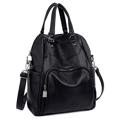 UTO Damen Rücksack Purse PU gewaschen Leder Convertible Frau Rucksack Crossbody Schultertasche schwarz von UTO