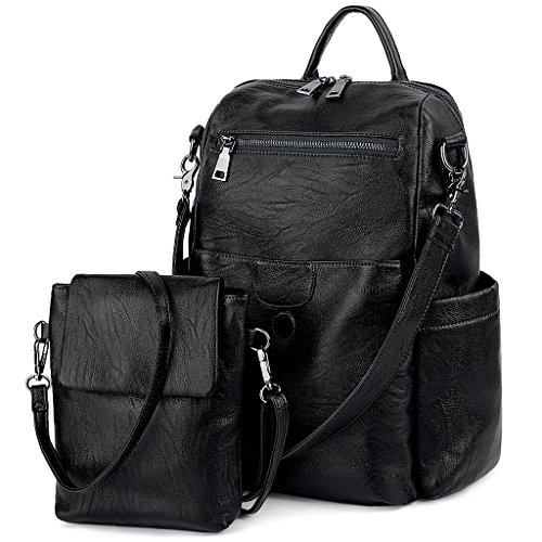 UTO Rucksack Damen Leder mit Abnehmbar Crossbody Schultertasche 2 in 1 Multifunktion Magnetischer Klappdeckel Schule Handtasche Schulrucksack Daypacks Modisch Gewaschen PU Leder Schwarz von UTO