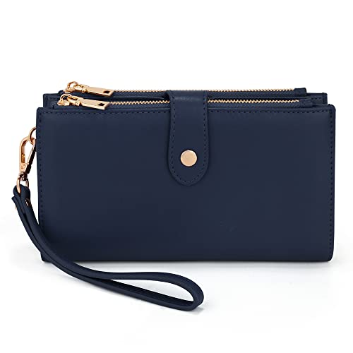 UTO Geldbörse Damen Gross Elegant Clutch Wristlet Wallet Pouch Große Geldbeutel Viele Fächer Weiches PU-Leder Doppelreißverschluss Dunkelblau von UTO