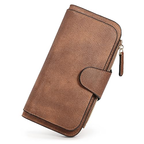 UTO Druckknopf Geldbörse Damen Gross Leder mit RFID Schutz Viele Fächer Portemonnaie Kunstleder Kartenfächer Münzfach Geldbeutel mit Reißverschluss Portmonee Gescheck für Frauen Braun von UTO
