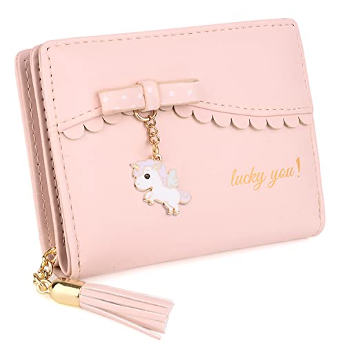 UTO Einhorn Geldbörse Damen Klein Mädchen Nette Süß Mini Geldbeutel Viele Fächern mit Bowknot Kunstleder Kleines Portmonee Kinder Mädchen Portemonnaie Weihnachten Neujahr Rosa von UTO