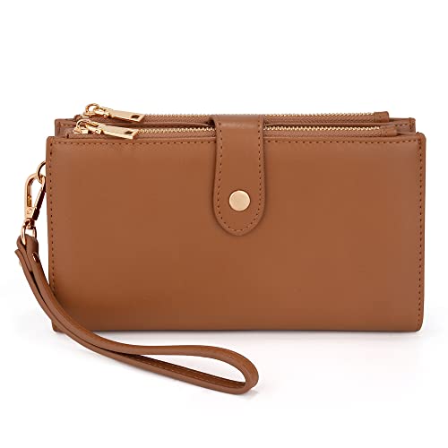 UTO Geldbörse Damen Gross Elegant Clutch Wristlet Wallet Pouch Große Geldbeutel Viele Fächer Weiches PU-Leder Doppelreißverschluss Kastanie von UTO