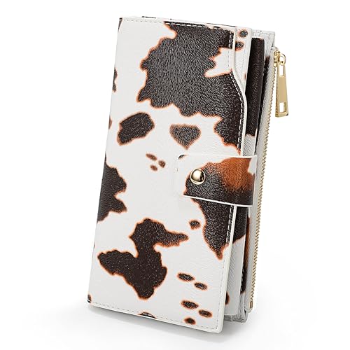 UTO Geldbörse Damen Gross Leder RFID Viele Fächer 21 Kartensteckplätze Portemonnaie Kunstlleder für Frauen Geldbeutel mit Foto und Ausweishülle Münzfach Portmonee Kuhfarben von UTO