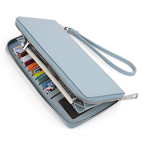 UTO Geldbörse Damen Große PU Leder Groß Kapazität Reißverschluss um Kartenhalter Scheckheft Pass Organizer Reisekupplung Blau von UTO