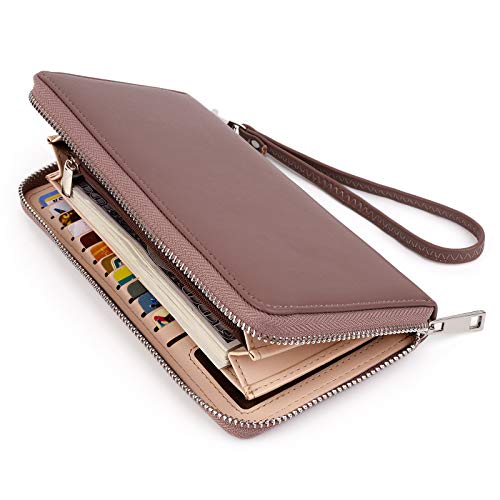 UTO Geldbörse Damen Große PU Leder Groß Kapazität Reißverschluss um Kartenhalter Scheckheft Pass Organizer Reisekupplung Pale Mauve von UTO