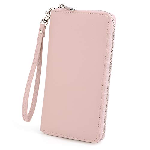 UTO Geldbörse Damen Große PU Leder Groß Kapazität Reißverschluss um Kartenhalter Scheckheft Pass Organizer Reisekupplung Rosa von UTO