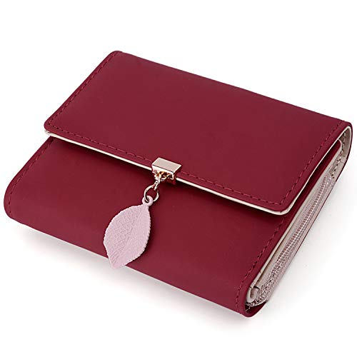 UTO Geldbörse Damen Klein mit Blatt Anhänger RFID Kleines Portemonnaie Kunstleder Druckknopf Bi-Fold Brieftasche Mini Geldbeutel Viele Fächern Feiner Portmonee Münzfach Weihnachten Neujahr Rot von UTO