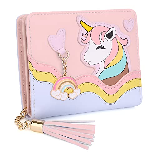 UTO Nette Geldbörse Mädchen PU Leder Portemonnaie Damen Quaste Anhänger Kartenhalter Kawaii Einhorn Muster Münze Geldbeutel für Valentinstag Muttertag Geburtstag Gedenktag Weihnachten Neujahr Rosa von UTO